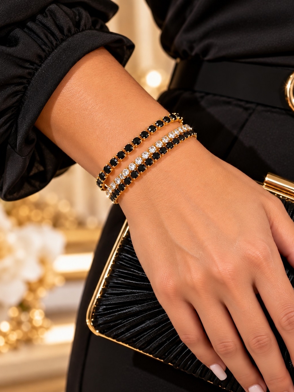Midnight Elegance Black & Crystal Bracelet Set